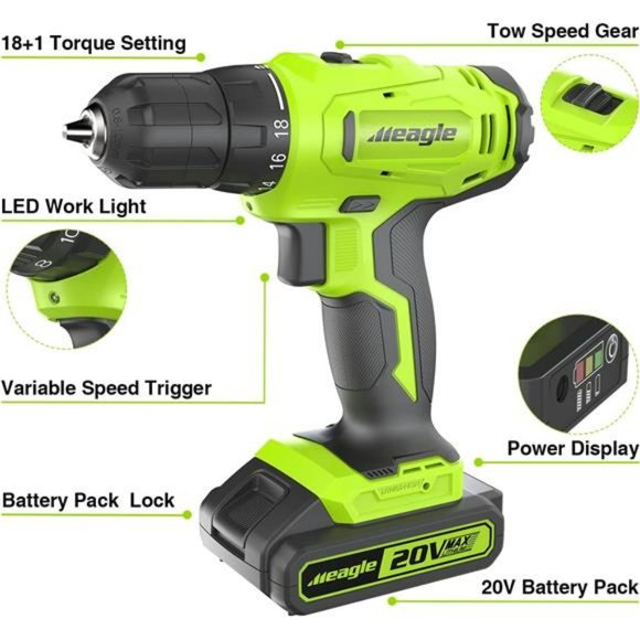 Cordless Drill, 20V Power Drill set with Battery & charger, Drill Bits& Tool Bag - Picture 6 of 6